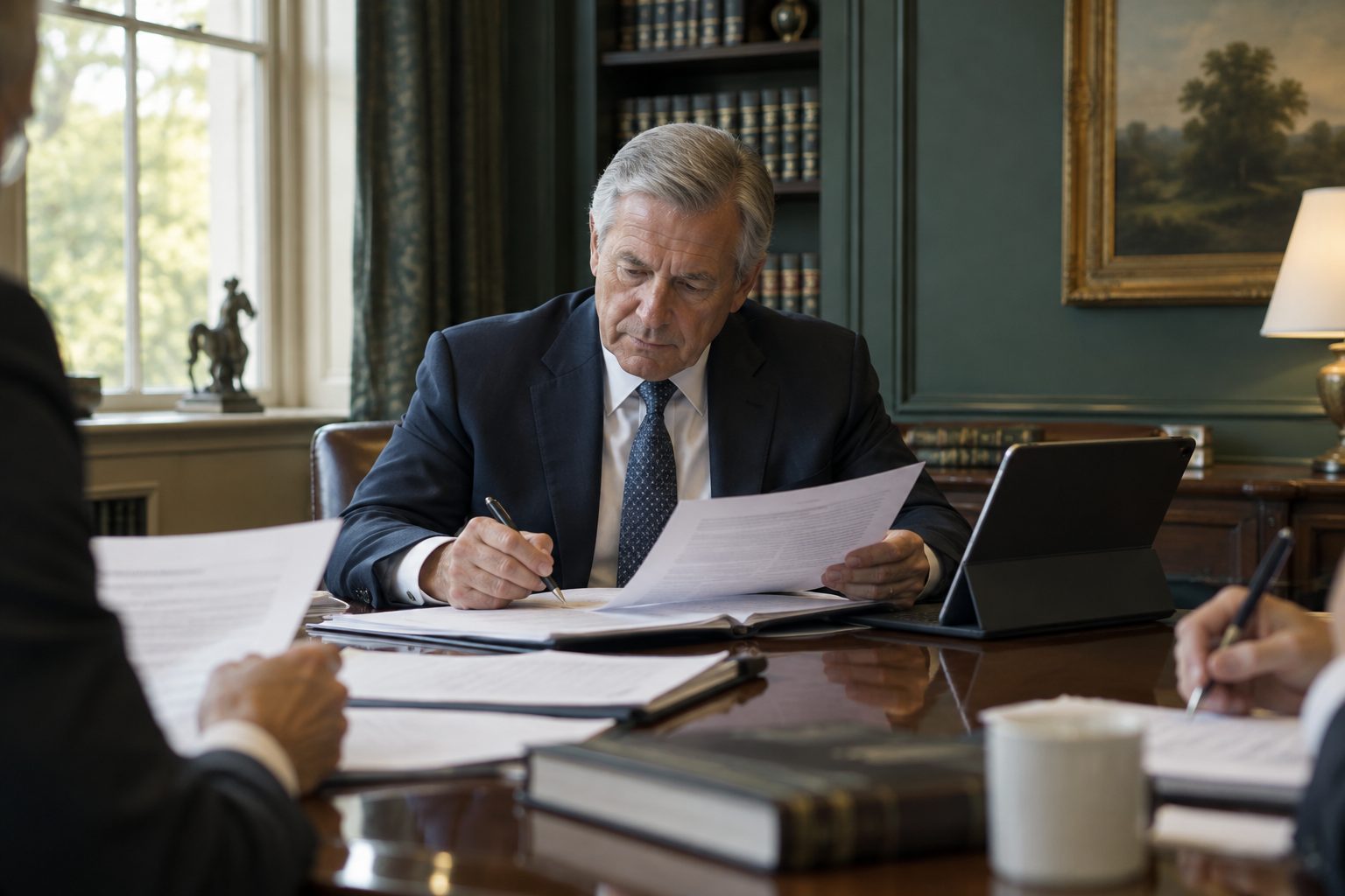 An attorney in a navy suit annotating documents at a polished conference table in a wood-panelled law office