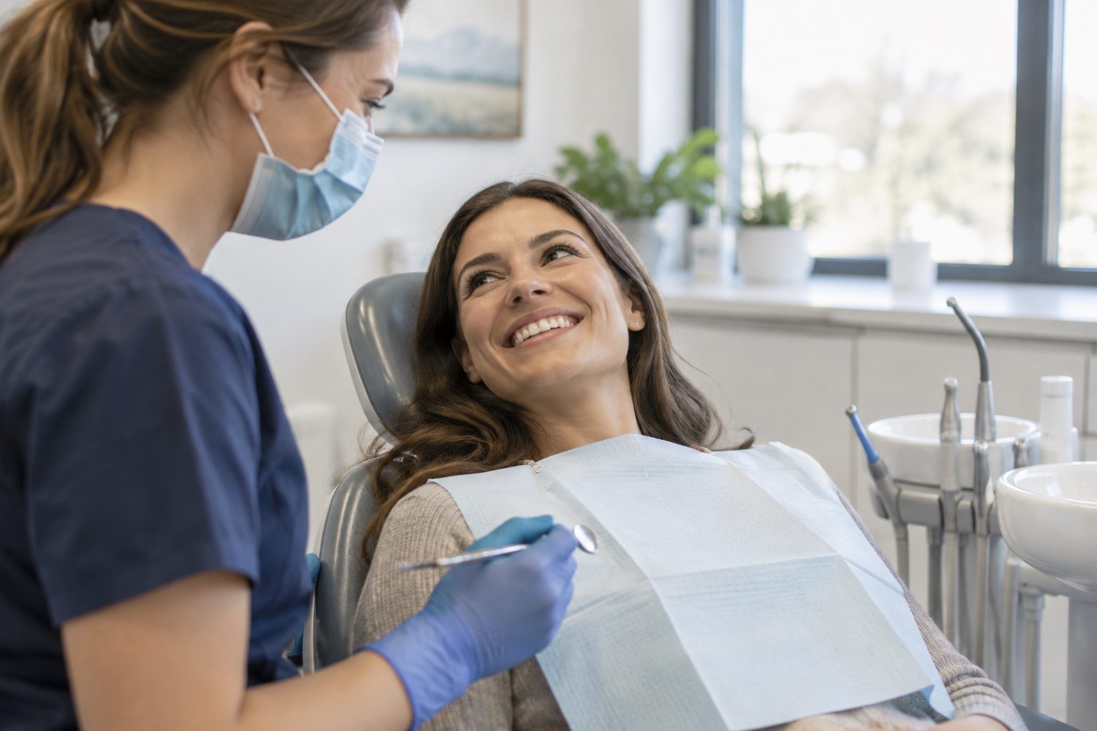 A smiling patient reclined in a dental chair talks with a masked hygienist in a bright operatory