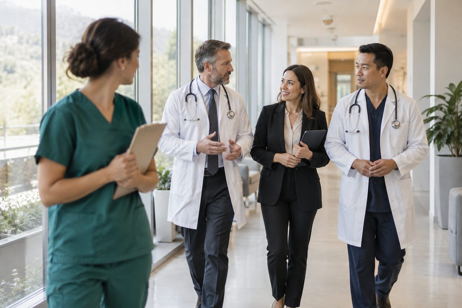 Two physicians in white coats and a practice manager walk and talk along a bright clinic corridor as a nurse with a clipboard looks on