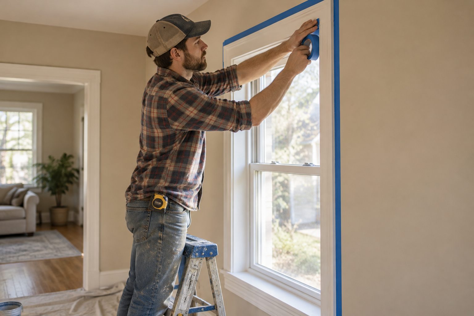 A tradesman on a step ladder tapes the trim around a newly installed window in a bright living room
